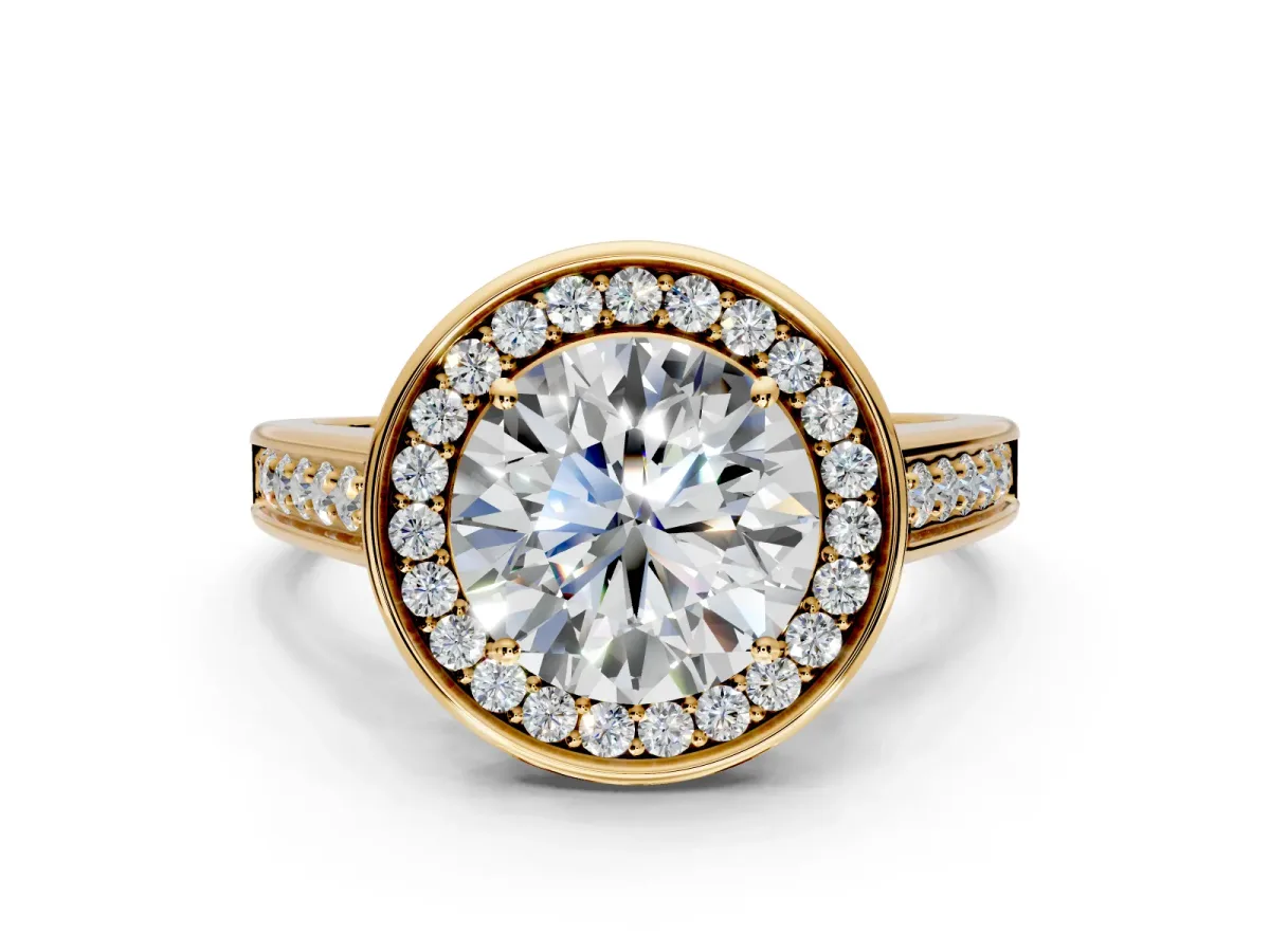 Halo Engagement Ring Setting for Round Cut Center with Outer Bezel Rim, Pave Band and Prong Head in Yellow Gold