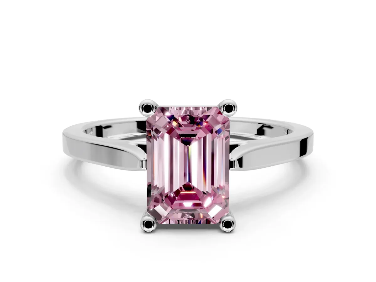 Solitaire Engagement Ring Setting for Fancy Pink Emerald Cut Center with Tapered Shoulders and Prong Head in Sterling Silver