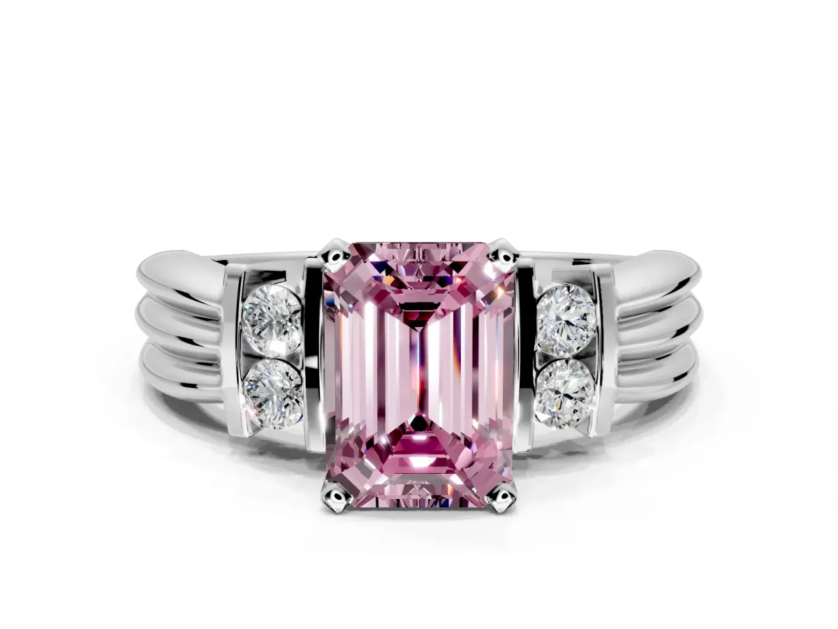 Solitaire Engagement Ring Setting for Fancy Pink Emerald Cut Center with Grooved Bar Accent Band and Prong Head in Platinum