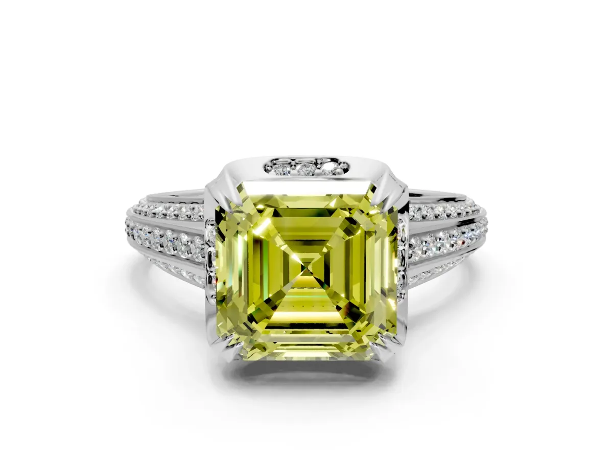 Solitaire Engagement Ring Setting for Fancy Yellow Asscher Cut Center with Accented Split Shank and Prong Head in White Gold
