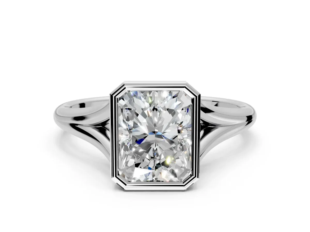 Solitaire Engagement Ring Setting for Radiant Cut Center with V Split Shank and Bezel Head in Platinum
