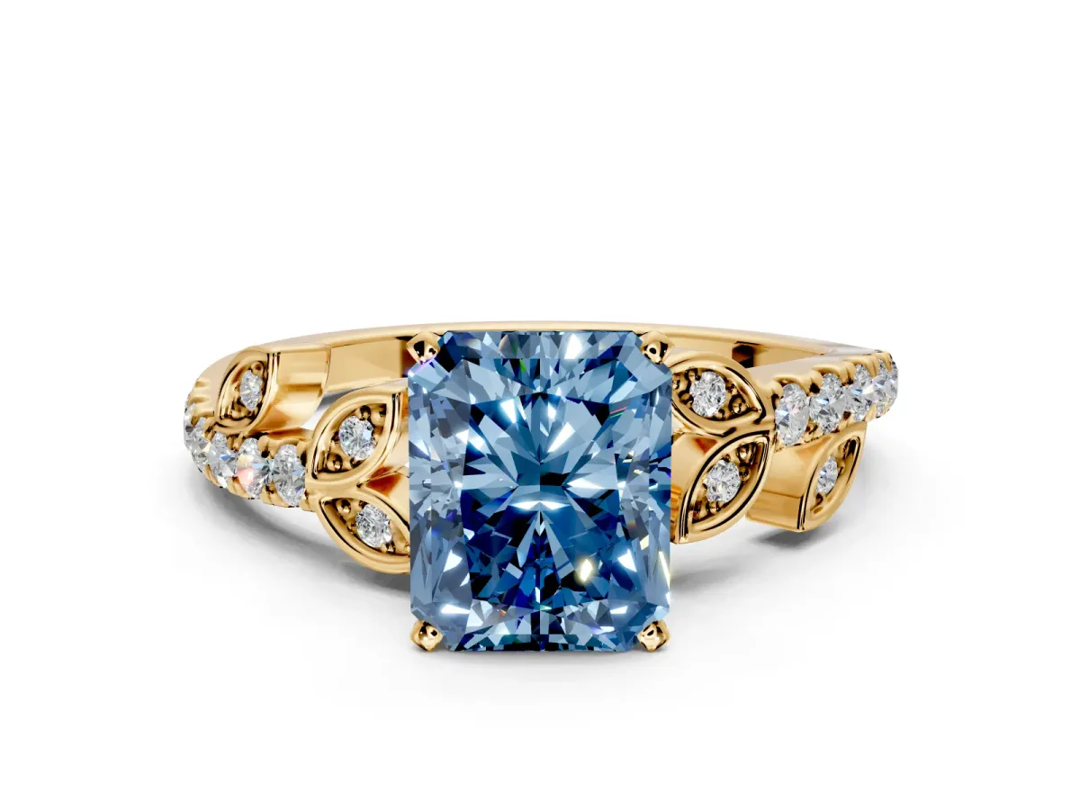 Leaf Motif Engagement Ring Setting for Fancy Blue Radiant Cut Center with Pave Band and Prong Head in Yellow Gold