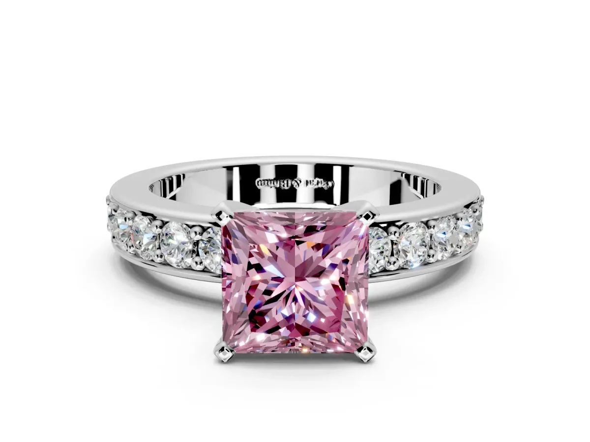 Solitaire Engagement Ring Setting for Fancy Pink Princess Cut Center with Channel-Set Accents and Prong Head in White Gold