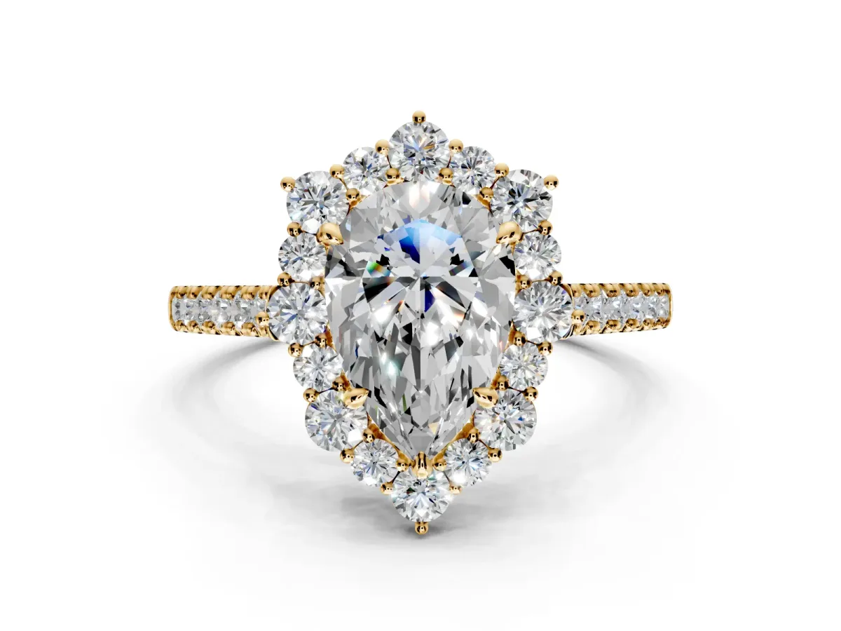 Halo Engagement Ring Setting for Pear-Shaped Center with Single-Row Pave, Open Basket and Prong Head in Yellow Gold