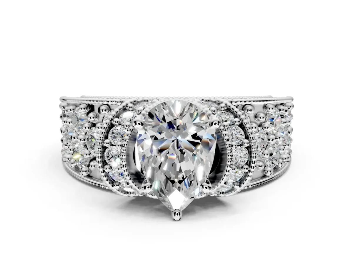 Pave Engagement Ring Setting for Pear-Shaped Center with Curved Accent Rows, Openwork and Prong Head in Platinum