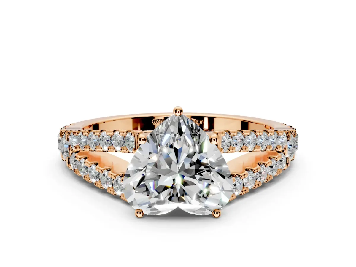 Solitaire Engagement Ring Setting for Heart-Shaped Center with Pave Split Shank and Prong Head in Rose Gold