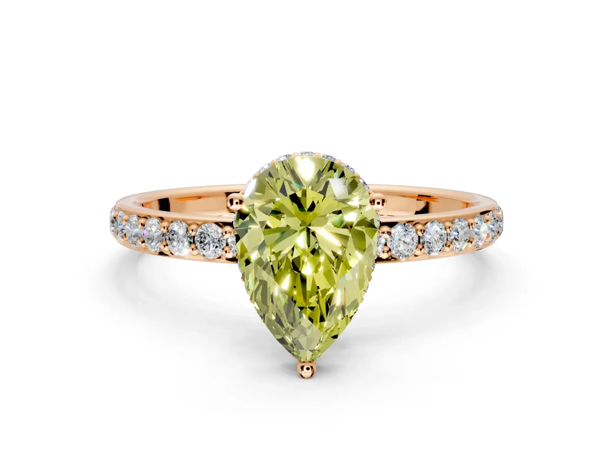 Hidden Halo Engagement Ring Setting for Fancy Yellow Pear-Shaped Center with Pave Band and Prong Head in Rose Gold