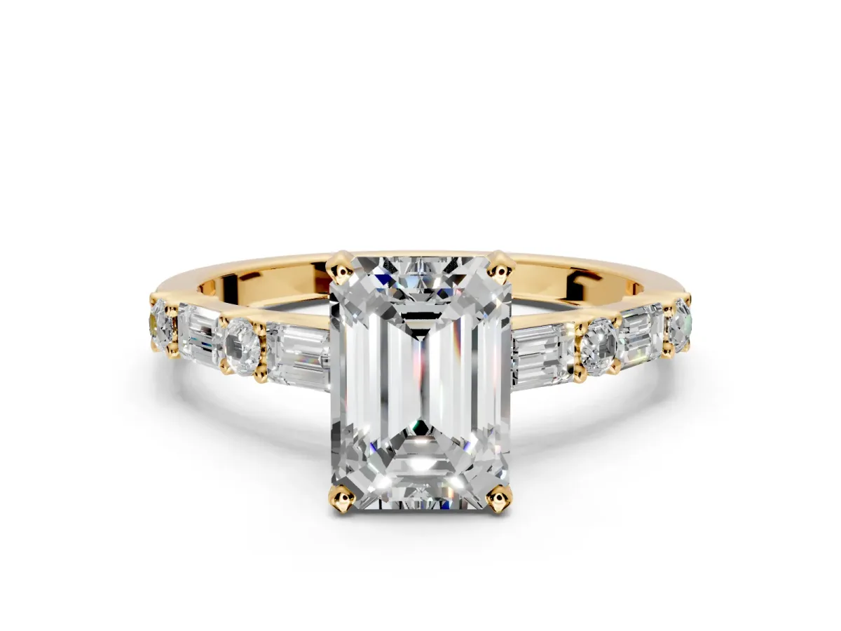 Baguette Engagement Ring Setting for Emerald Cut Center with Alternating Bar-Set Band and Prong Head in Yellow Gold