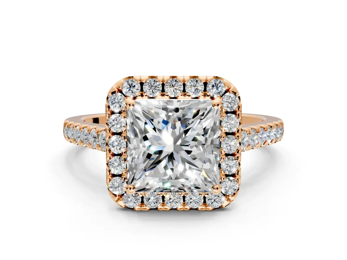 Halo Engagement Ring Setting for Princess Cut Center with Narrowing Pave Band and Prong Head in Rose Gold