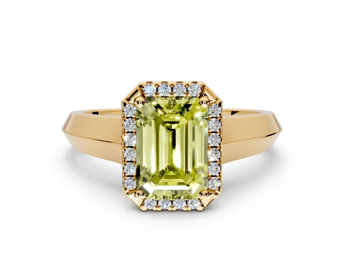 Halo Engagement Ring Setting for Fancy Yellow Emerald Cut Center with Knife Ridge Cathedral Band and Prong Head in Yellow Gold