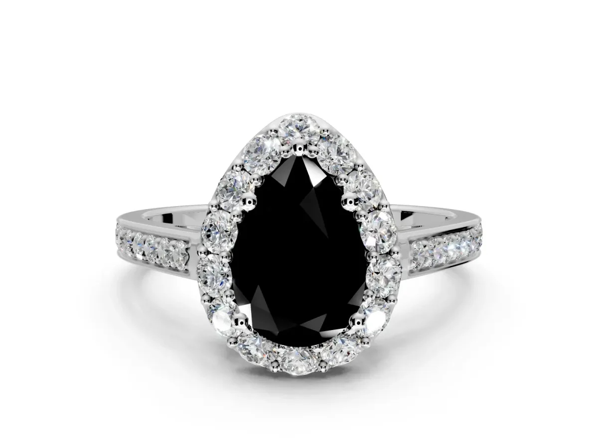 Floral Halo Engagement Ring Setting for Fancy Black Pear-Shaped Center with Large Halo Accents and Prong Head in White Gold