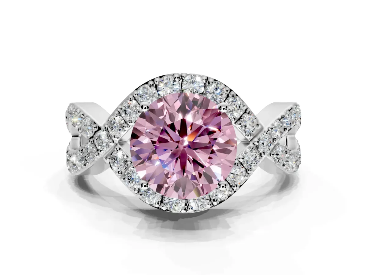 Halo Engagement Ring Setting for Fancy Pink Round Cut Center with Pave Infinity Twist Band and Prong Head in Platinum