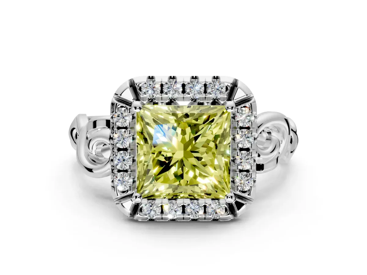 Halo Engagement Ring Setting for Fancy Yellow Princess Cut Center with Open Scroll Shoulders and Prong Head in Platinum