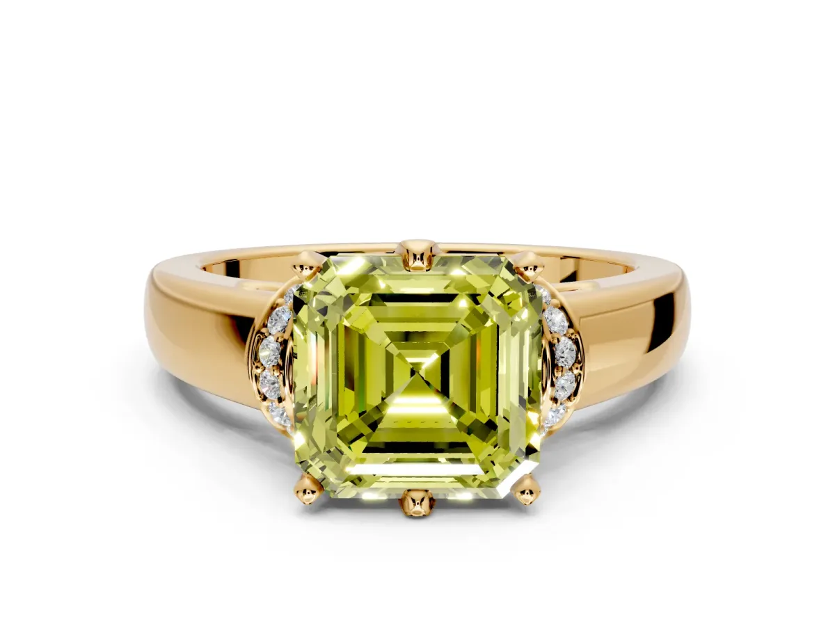 Solitaire Engagement Ring Setting for Fancy Yellow Asscher Cut Center with Wide Band, Pave Collar and Prong Head in Yellow Gold