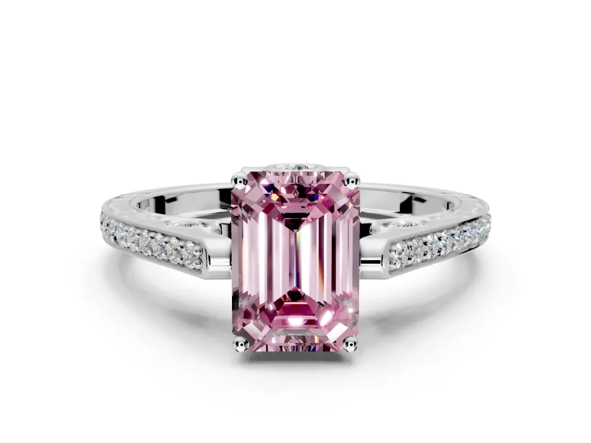 Cathedral Engagement Ring Setting for Fancy Pink Emerald Cut Center with Antique-Style Pave Band and Prong Head in Platinum