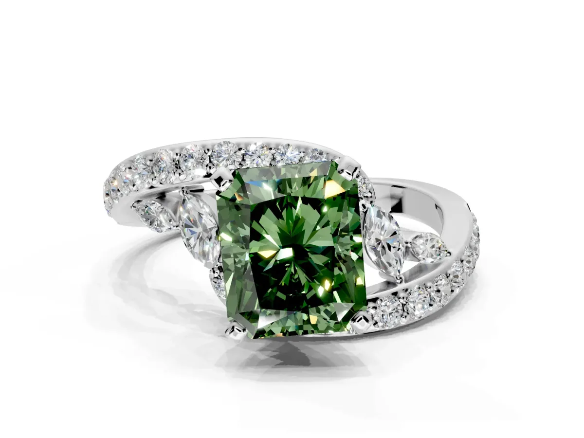 Solitaire Engagement Ring Setting for Fancy Green Radiant Cut Center with Pave Bypass Twist Band and Prong Head in White Gold