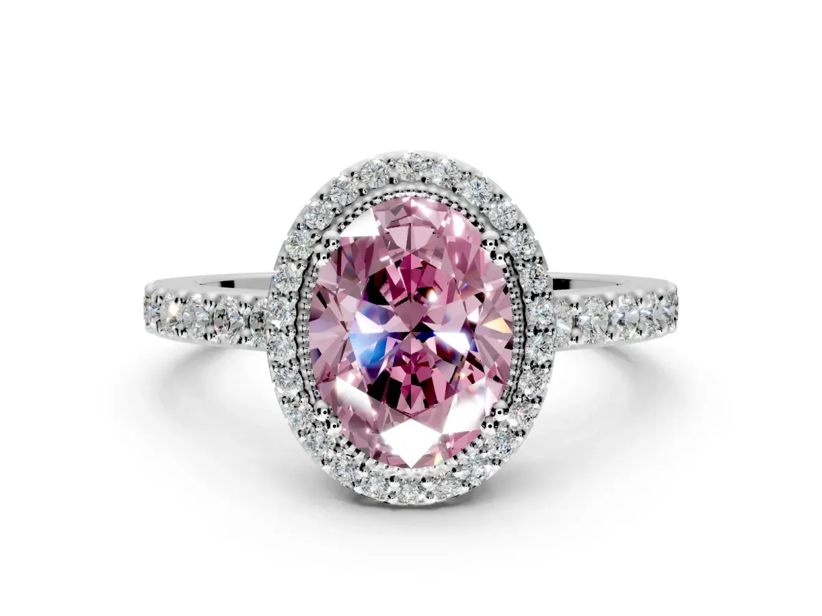 Halo Engagement Ring Setting for Fancy Pink Oval Center with Inner Milgrain Border and Prong Head in Sterling Silver