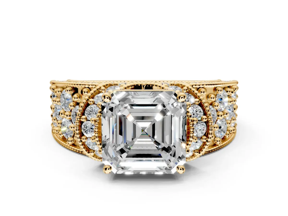 Pave Engagement Ring Setting for Asscher Cut Center with Curved Accent Rows, Openwork and Prong Head in Yellow Gold