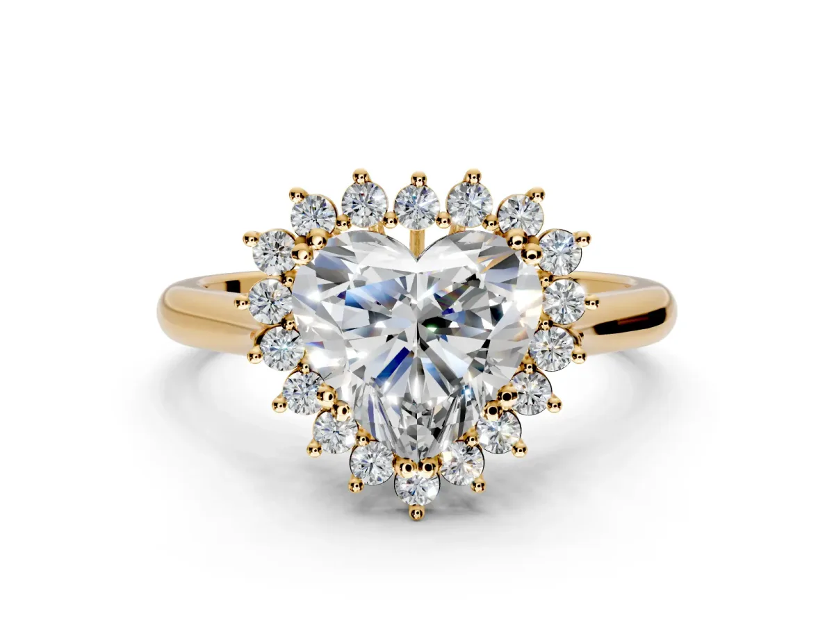 Starburst Halo Engagement Ring Setting for Heart-Shaped Center with Thin Round-Wire Band and Prong Head in Yellow Gold