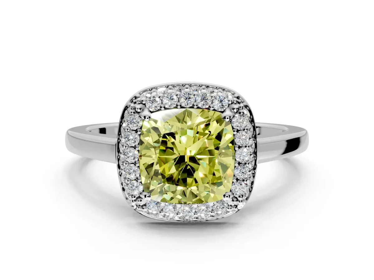 Halo Engagement Ring Setting for Fancy Yellow Cushion Cut Center with Plain Tapered Band and Prong Head in Sterling Silver