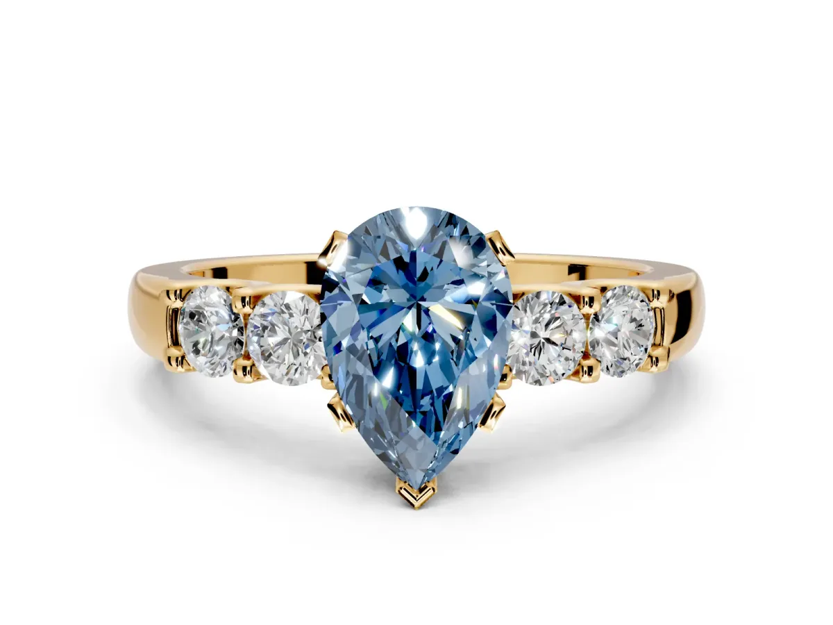 5 Stone Engagement Ring Setting for Fancy Blue Pear-Shaped Center with Plain Band and Prong Head in Yellow Gold