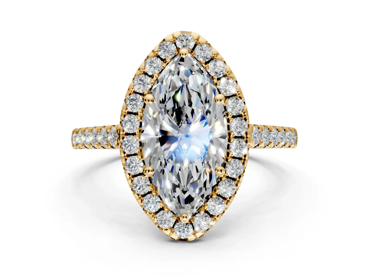 Halo Engagement Ring Setting for Marquise Center with Raised Halo, Pave Band and Prong Head in Yellow Gold