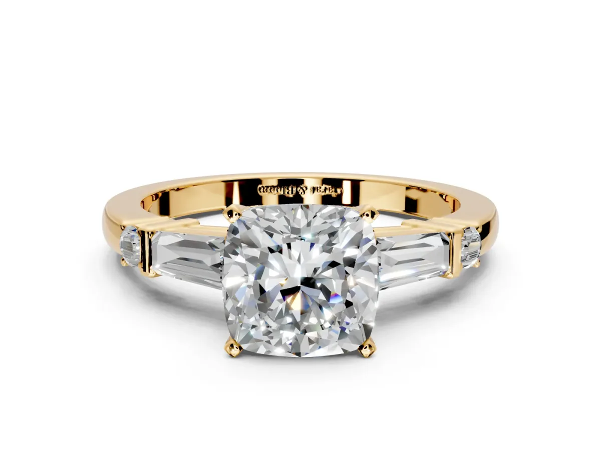 Bar-Set Engagement Ring Setting for Cushion Cut Center with Tapered Baguette Accents and Prong Head in Yellow Gold