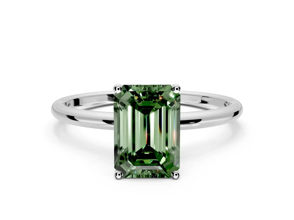 Solitaire Engagement Ring Setting for Fancy Green Emerald Cut Center with Straight Thin Band and Prong Head in Sterling Silver