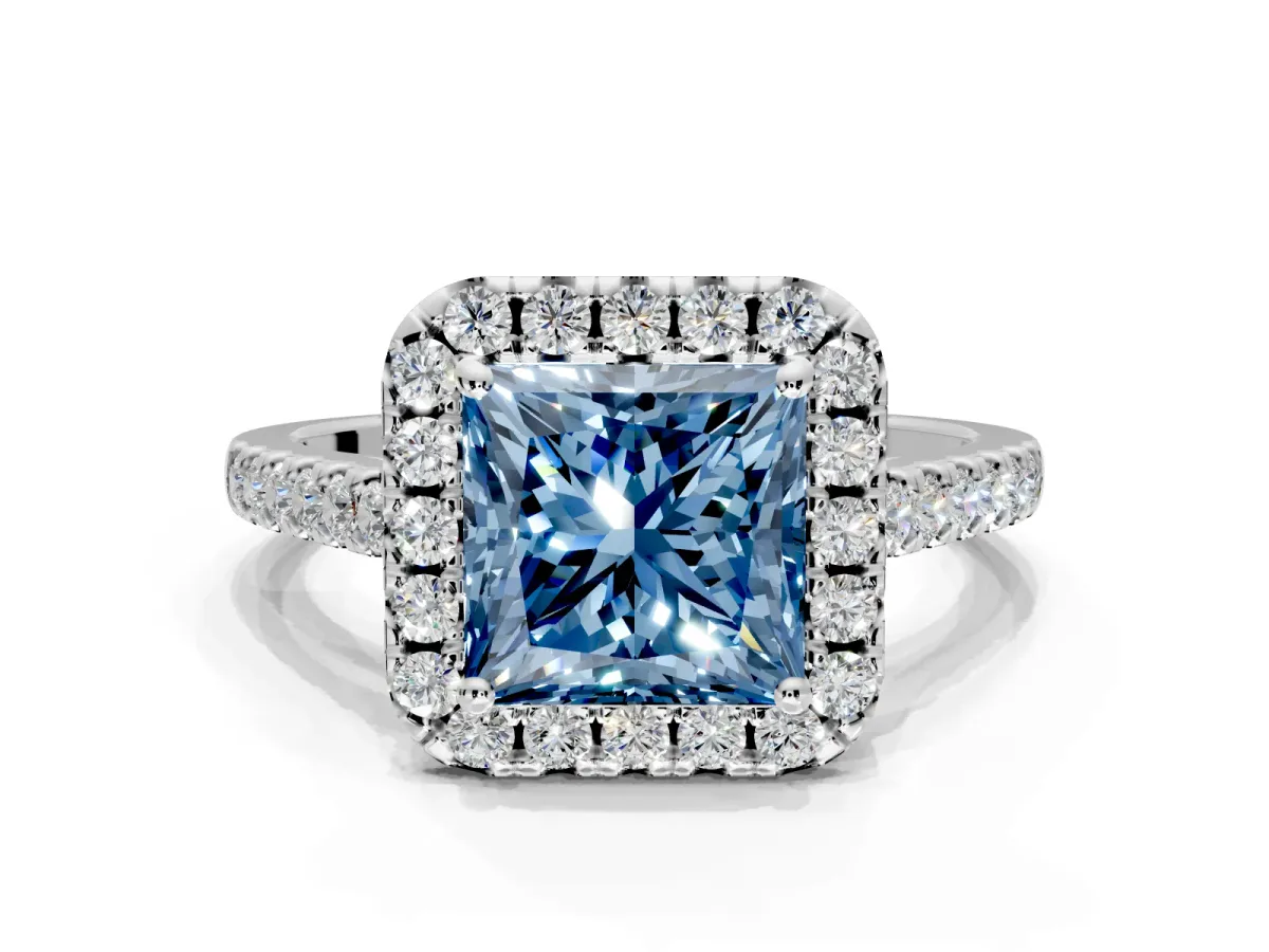 Halo Engagement Ring Setting for Fancy Blue Princess Cut Center with Raised Halo, Pave Band and Prong Head in White Gold