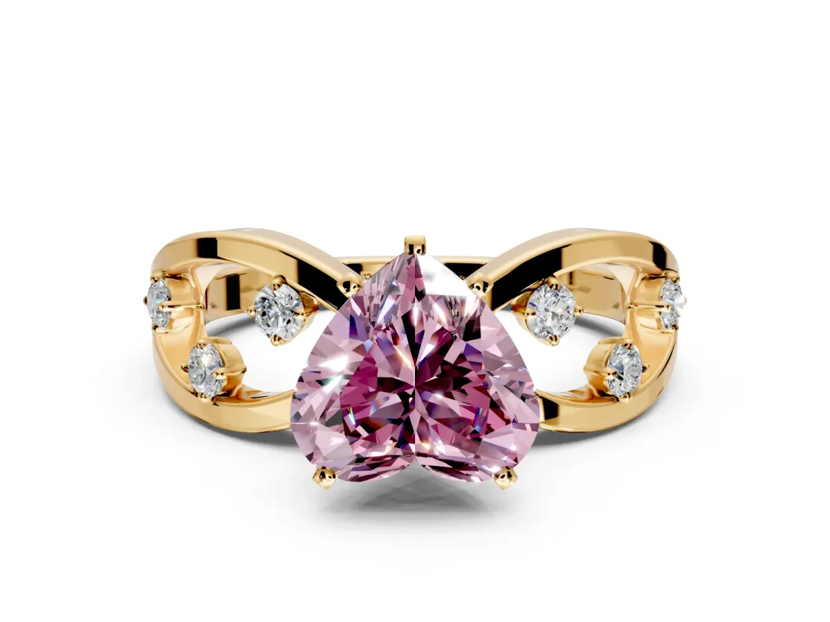 Solitaire Engagement Ring Setting for Fancy Pink Heart-Shaped Center with Criss-Cross Accent Band and Prong Head in Yellow Gold