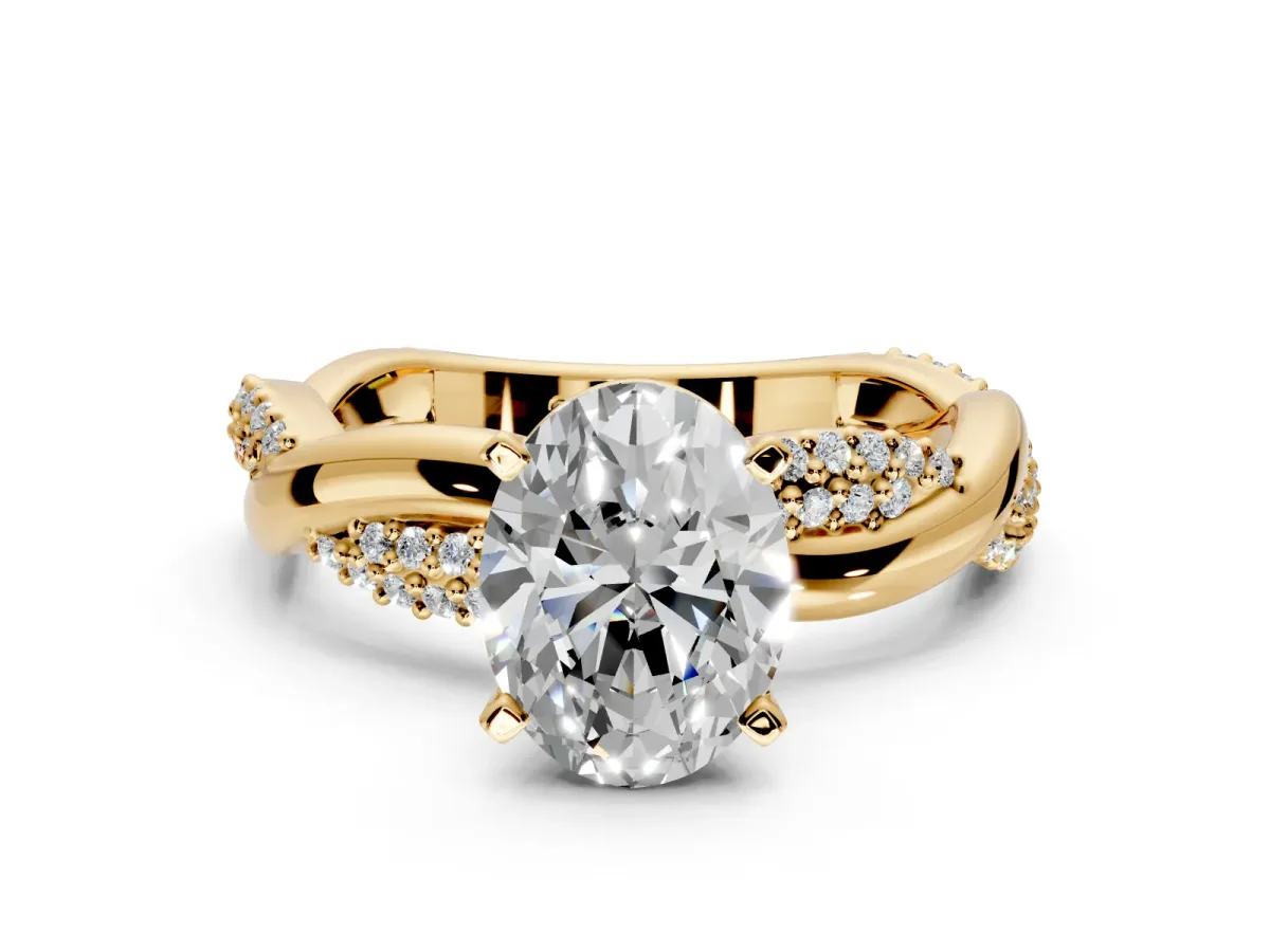 Solitaire Engagement Ring Setting for Oval Center with Pave and Plain Crossover and Basket Head in Yellow Gold