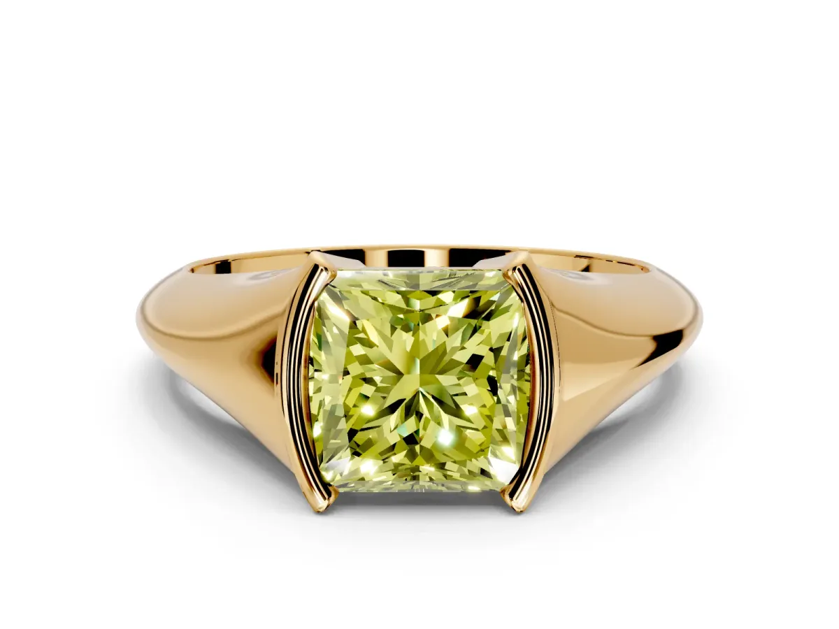 Tension Engagement Ring Setting for Fancy Yellow Princess Cut Center with Wide Tapered Band and Tension Head in Yellow Gold