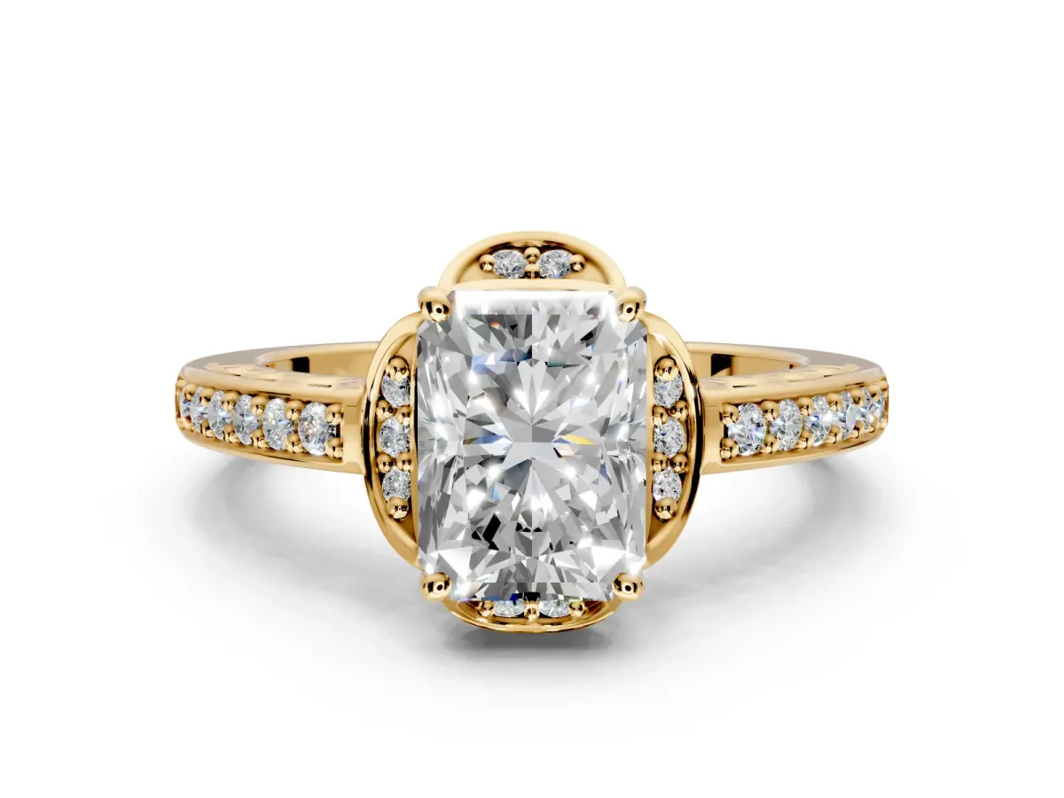 Floral Engagement Ring Setting for Radiant Cut Center with Four Accent Clusters and Prong Head in Yellow Gold