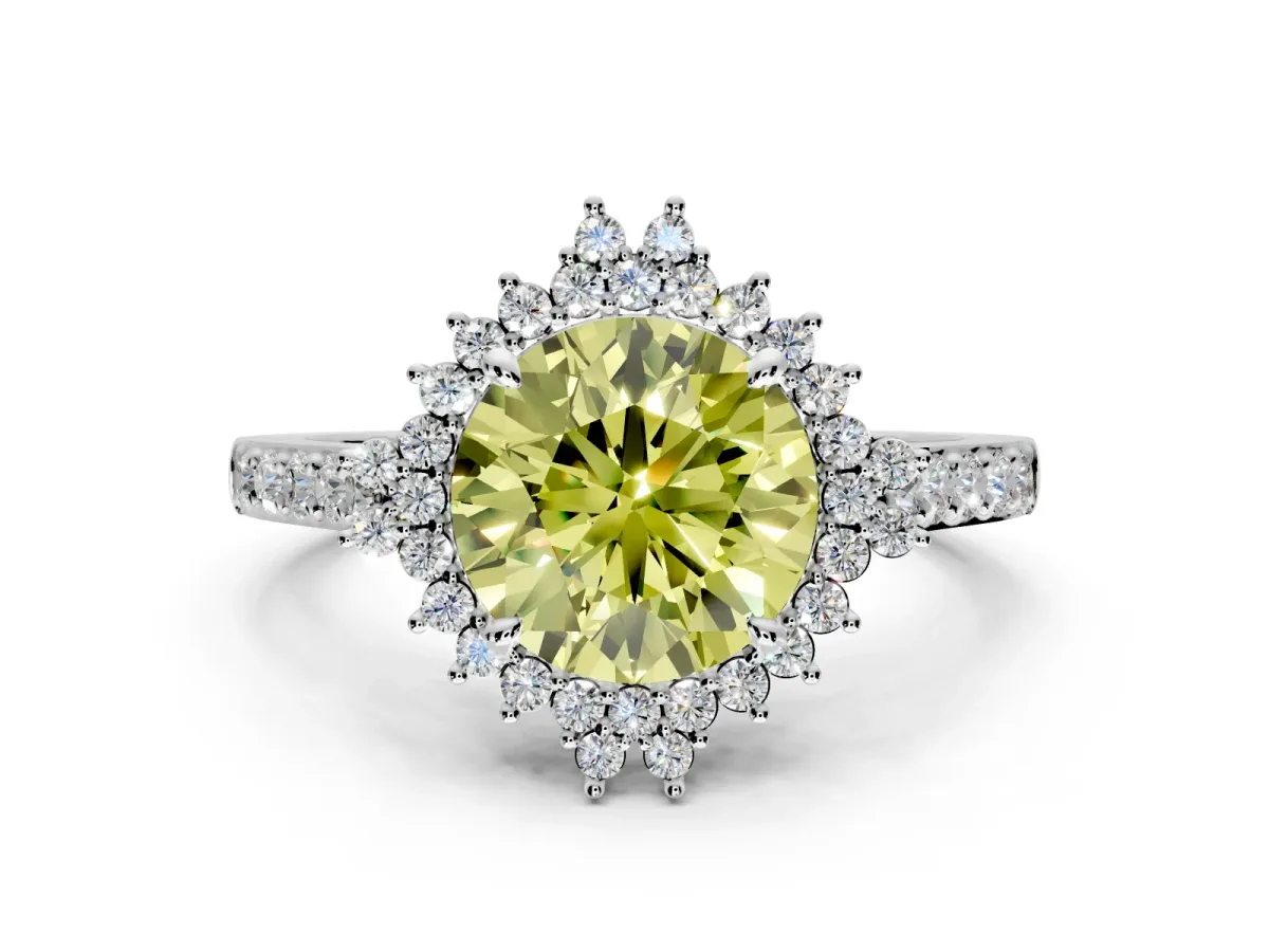 Sunburst Halo Engagement Ring Setting for Fancy Yellow Round Cut Center with Pave Band and Prong Head in Platinum
