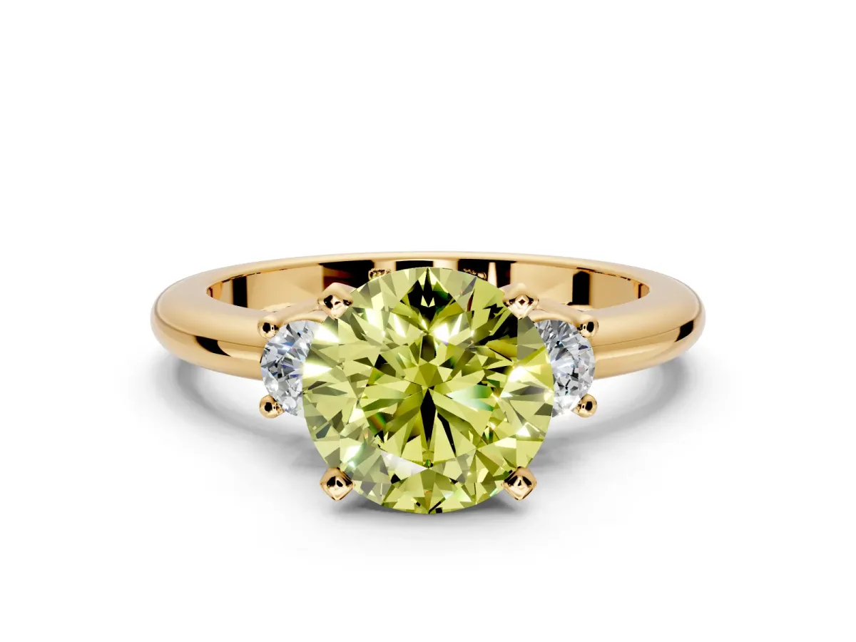3 Stone Engagement Ring Setting for Fancy Yellow Round Cut Center with Wide Plain Band and Prong Head in Yellow Gold