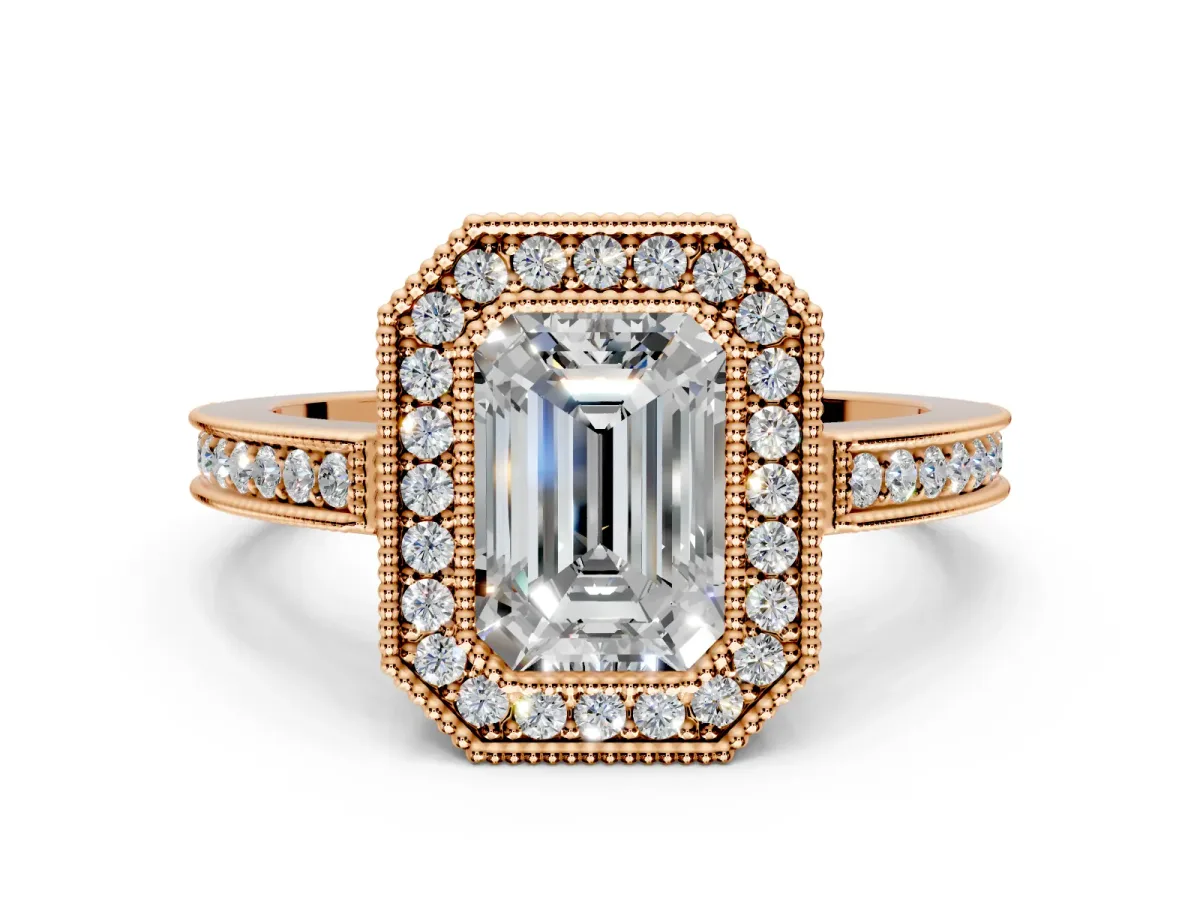 Halo Engagement Ring Setting for Emerald Cut Center with Milgrain Halo, Pave Band and Prong Head in Rose Gold