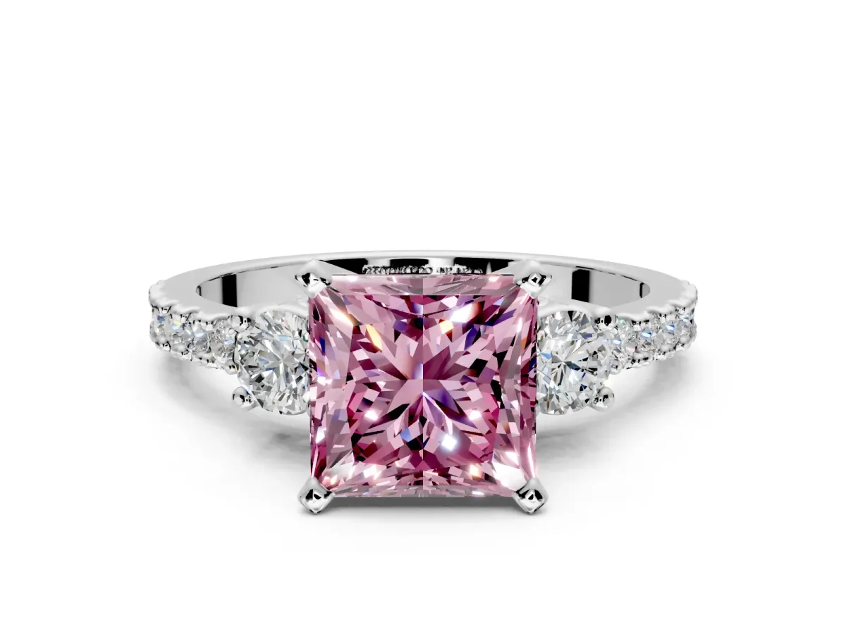 3 Stone Engagement Ring Setting for Fancy Pink Princess Cut Center with Round Cut Side Accents and Prong Head in Sterling Silver
