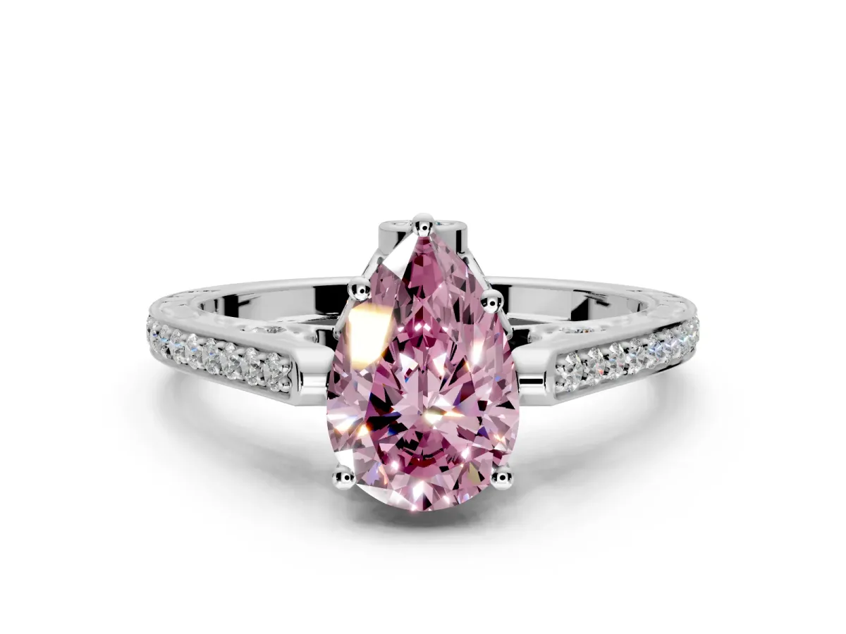 Cathedral Engagement Ring Setting for Fancy Pink Pear-Shaped Center with Antique-Style Pave Band and Prong Head in Platinum