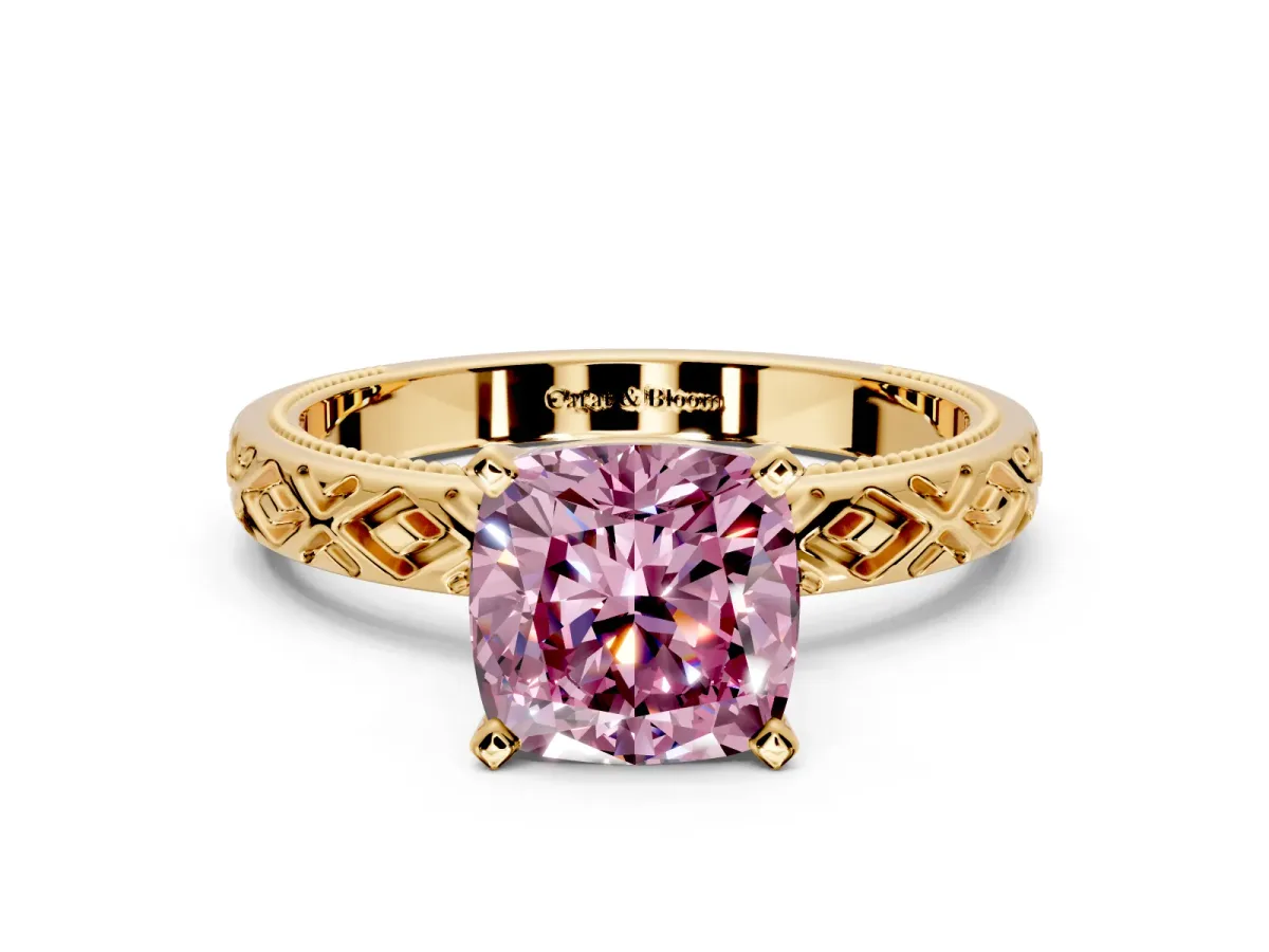Solitaire Engagement Ring Setting for Fancy Pink Cushion Cut Center with Milgrain X Pattern Band and Prong Head in Yellow Gold