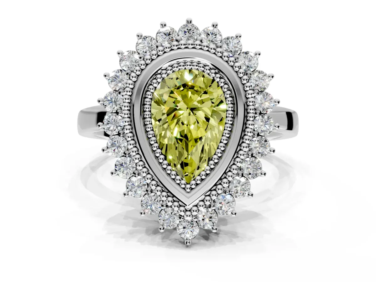 Halo Engagement Ring Setting for Fancy Yellow Pear-Shaped Center with Milgrain Bezel Rim, Plain Band and Prong Head in Sterling Silver