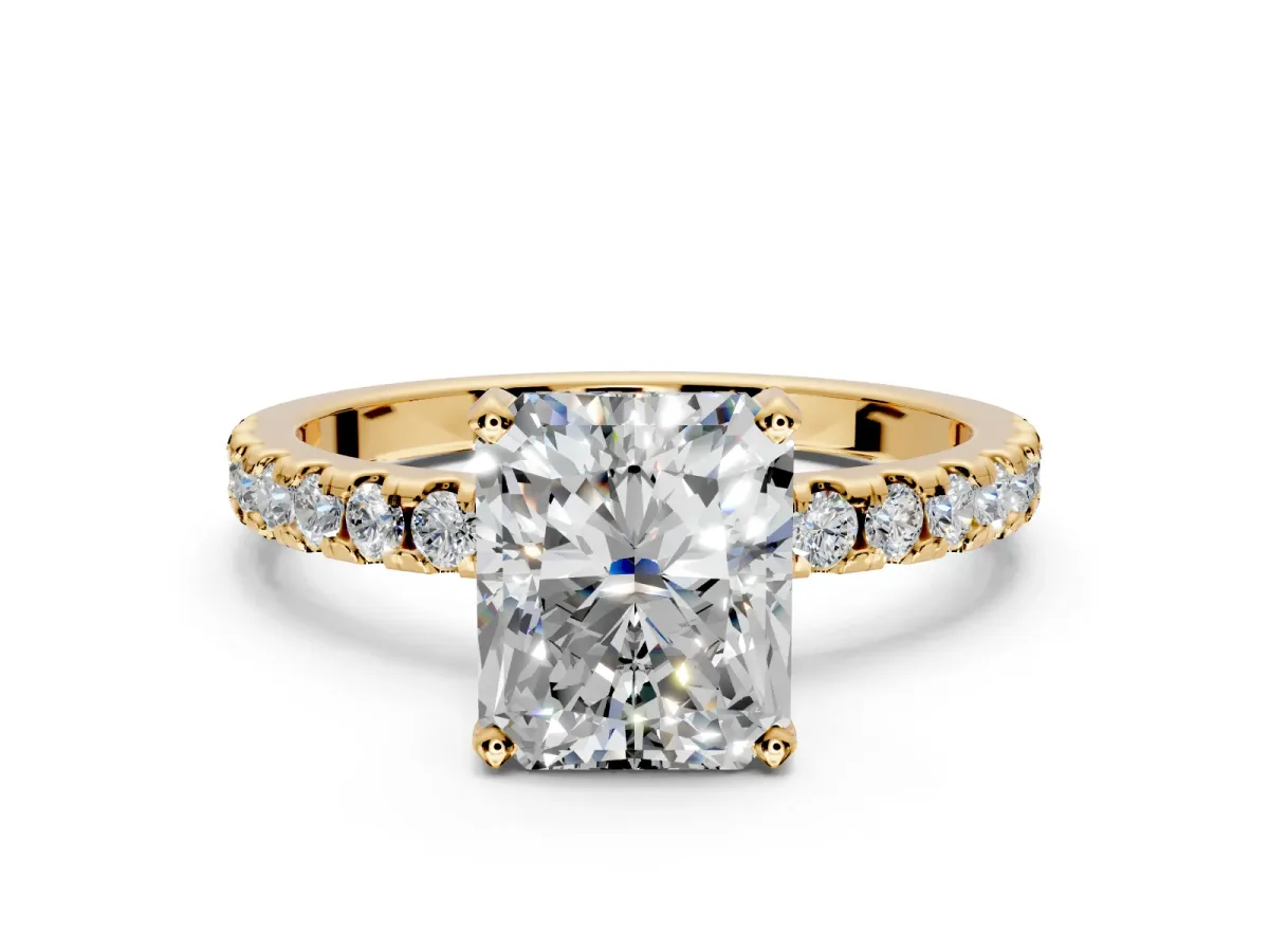 Solitaire Engagement Ring Setting for Radiant Cut Center with Band of Accents and Prong Head in Yellow Gold