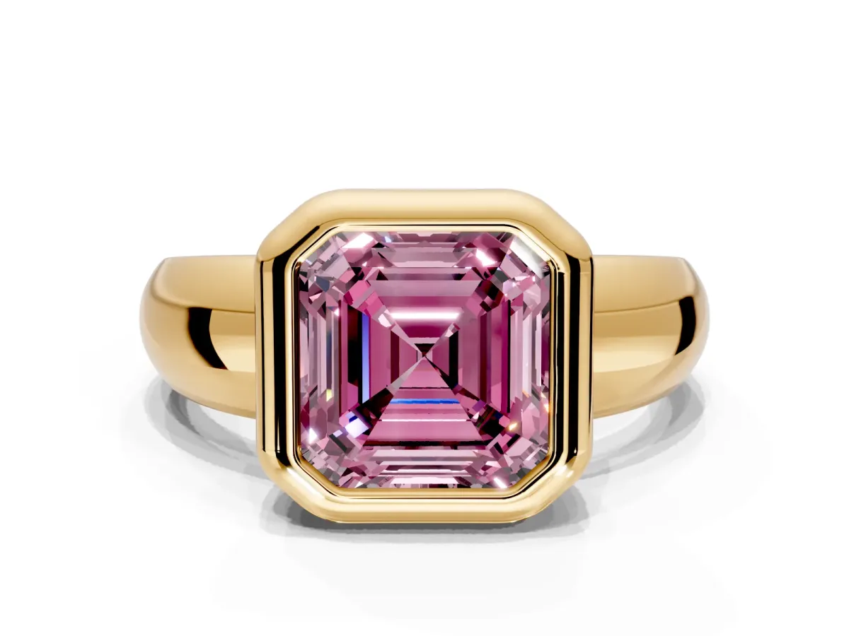 Solitaire Engagement Ring Setting for Fancy Pink Asscher Cut Center with Wide Band and Bezel Head in Yellow Gold