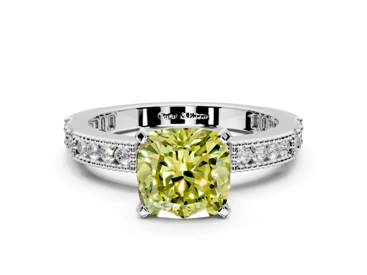 Solitaire Engagement Ring Setting for Fancy Yellow Cushion Cut Center with Milgrain-Edged Pave Band and Prong Head in Sterling Silver