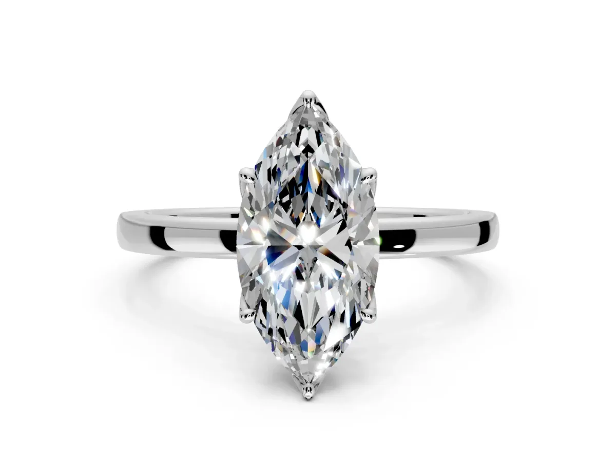 Solitaire Engagement Ring Setting for Marquise Center with Thin Rounded Plain Band and Prong Head in Platinum