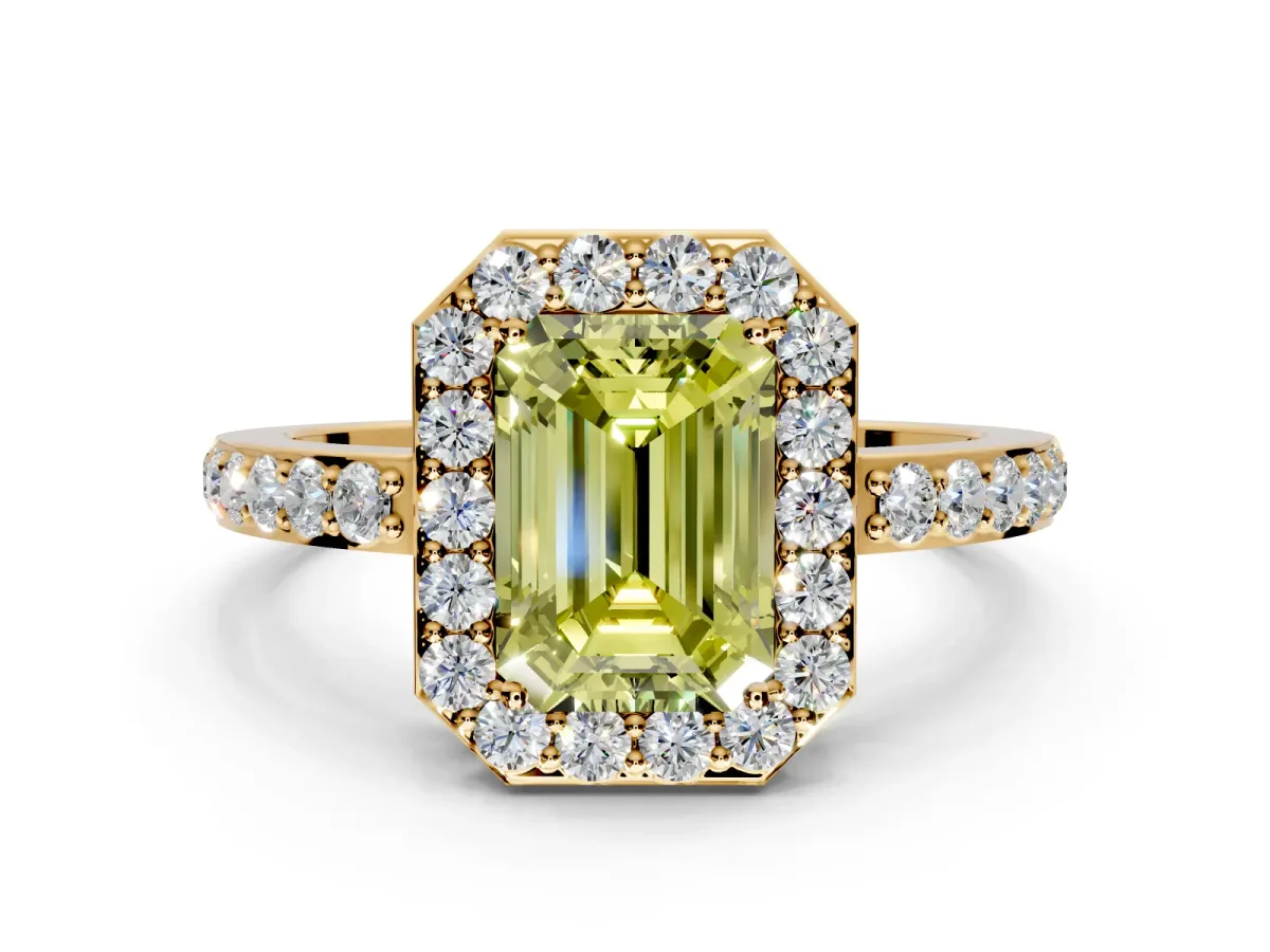 Halo Engagement Ring Setting for Fancy Yellow Emerald Cut Center with Heart-Shaped Openwork, Pave Band and Prong Head in Yellow Gold