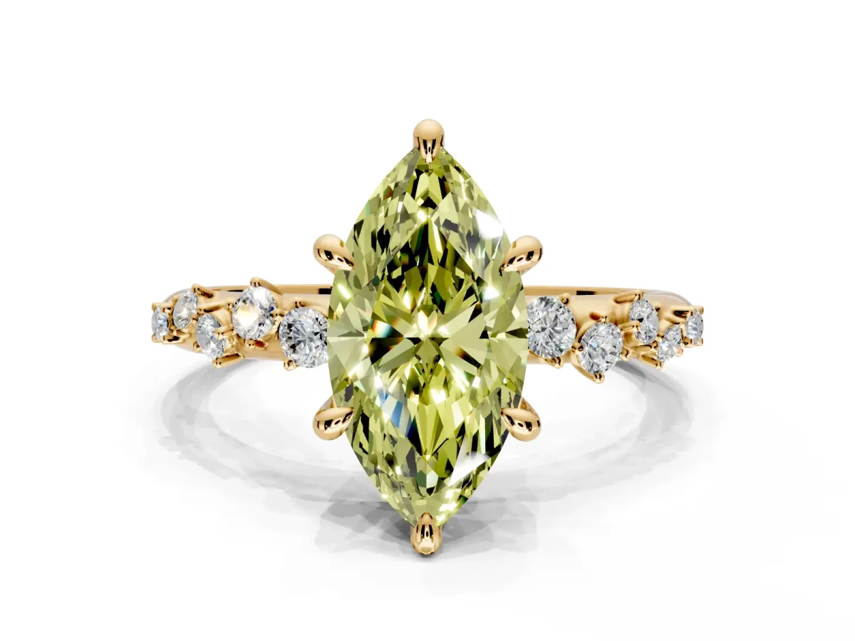 Solitaire Engagement Ring Setting for Fancy Yellow Marquise Center with Trailing Leaf Accent Band and Prong Head in Yellow Gold
