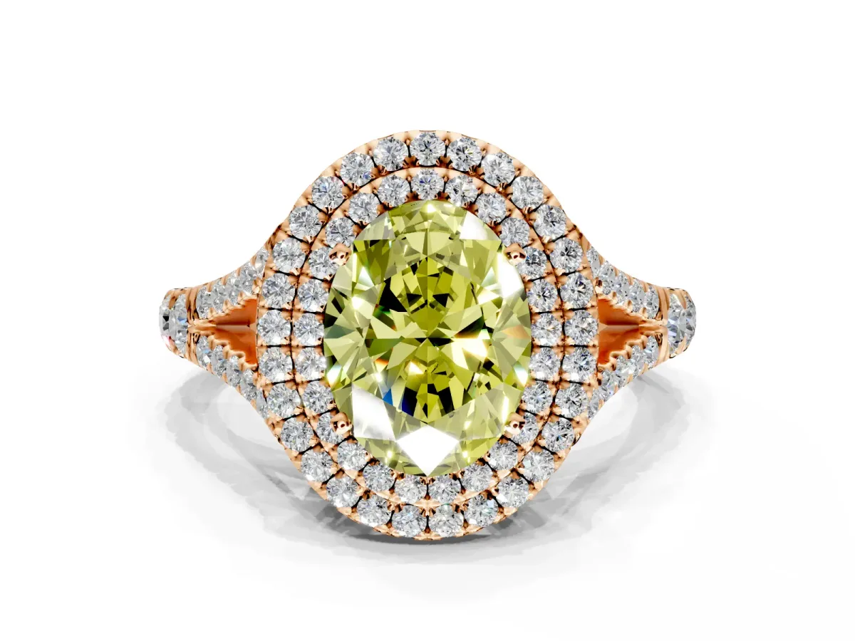 Double Halo Engagement Ring Setting for Fancy Yellow Oval Center with Narrow Pave Split Shank and Prong Head in Rose Gold