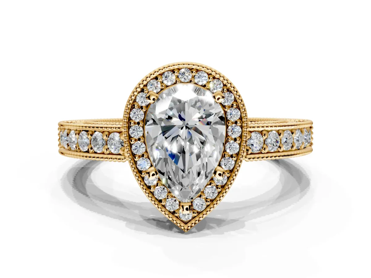 Milgrain Halo Engagement Ring Setting for Pear-Shaped Center with Wide Pave Band and Prong Head in Yellow Gold