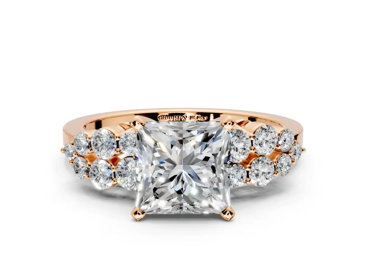 Cluster Engagement Ring Setting for Princess Cut Center with 2-Row Shoulder Clusters and Prong Head in Rose Gold