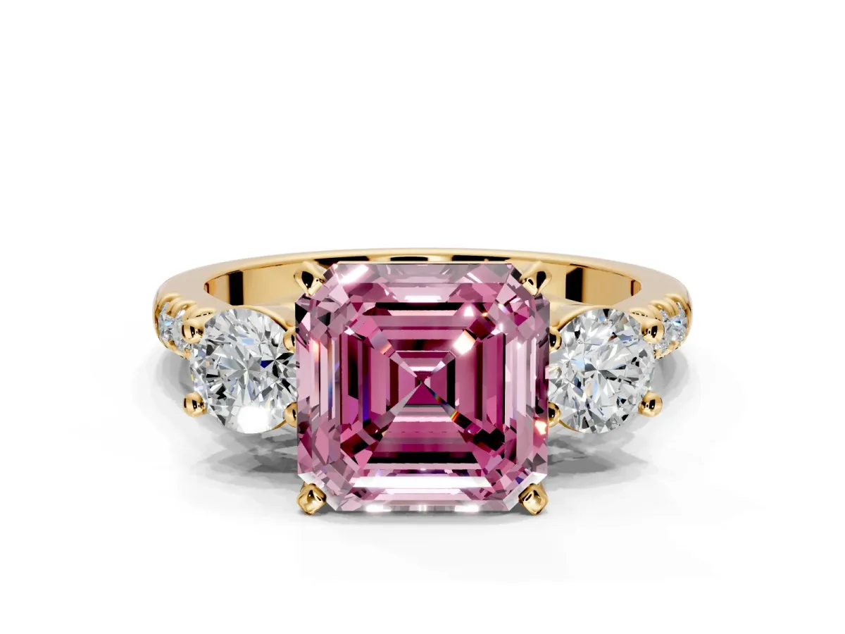 3 Stone Engagement Ring Setting for Fancy Pink Asscher Cut Center with Crossover Basket, Pave Band and Prong Head in Yellow Gold